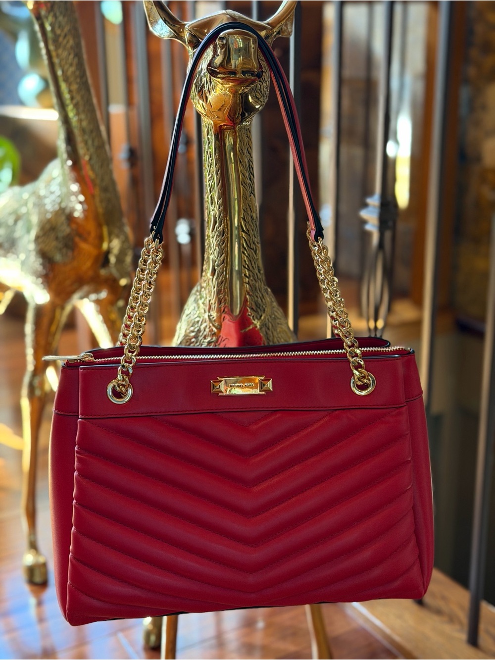 MICHAEL Michael Kors Red Quilted Shoulder Bag with Gold Chain